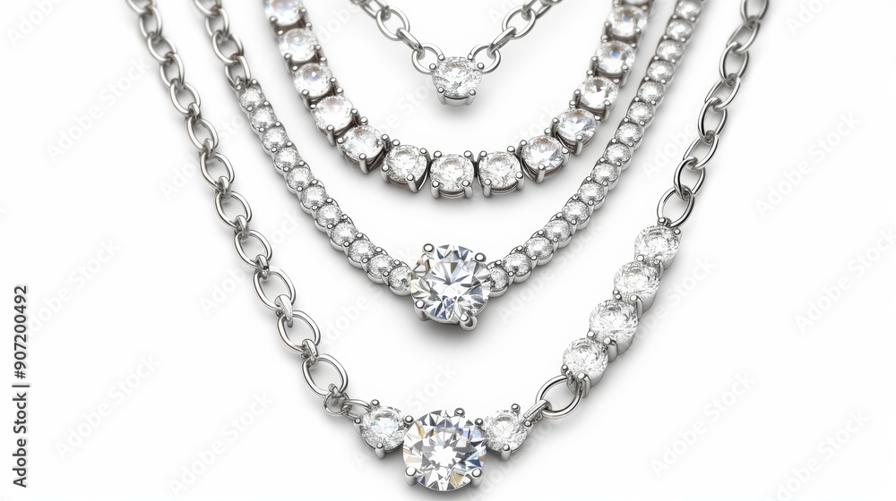 A row of necklaces with a diamond pendant on each one A row of necklaces with a diamond pendant on each one