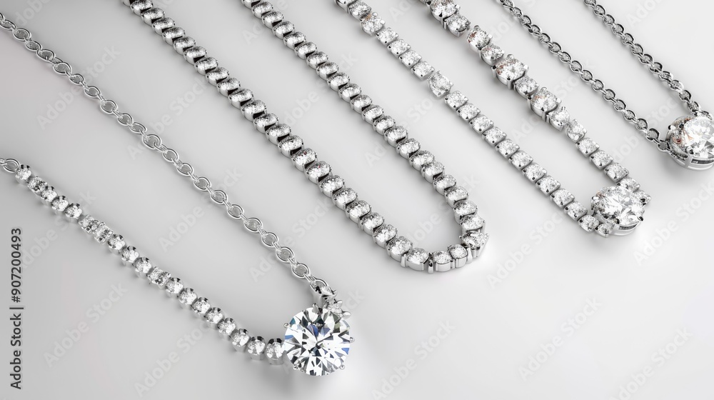 Four necklaces are shown, all of which are made of white gold Four necklaces are shown, all of which are made of white gold