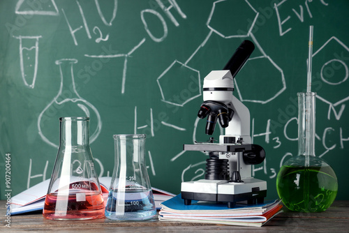 Modern microscope and flask...