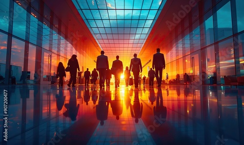 Silhouettes of business professionals walk through a modern office corridor, creating a dynamic and energetic business environment with reflections on the polished floor.