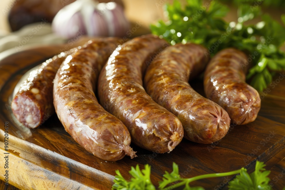 Freshly sliced sausages arranged on a wooden cutting board, perfect for cooking and serving Freshly sliced sausages arranged on a wooden cutting board, perfect for cooking and serving