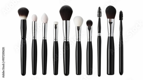 A row of makeup brushes with a white background