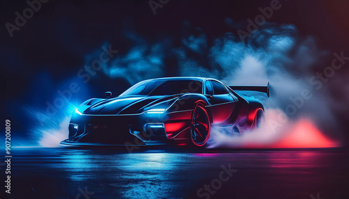 Car drift in neon lights background