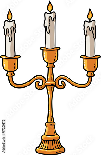 Hand Drawn Vector Cartoon Golden Candelabra With Lighted Candles