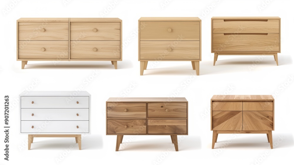 A row of wooden dressers with different designs and sizes A row of wooden dressers with different designs and sizes