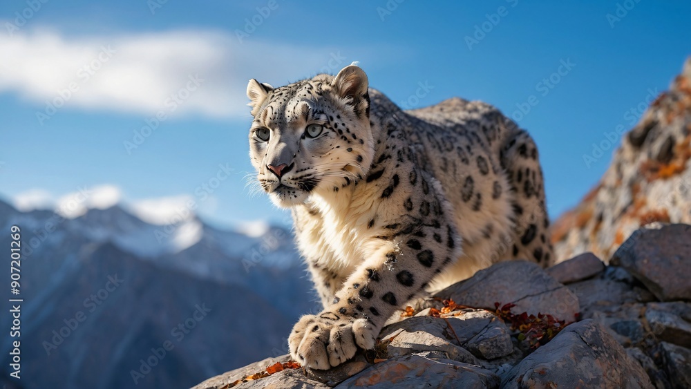 Obraz premium Majestic Snow Leopard in Natural Habitat Against Mountain Backdrop
