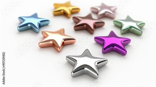 A row of shiny, colorful stars are arranged in a row