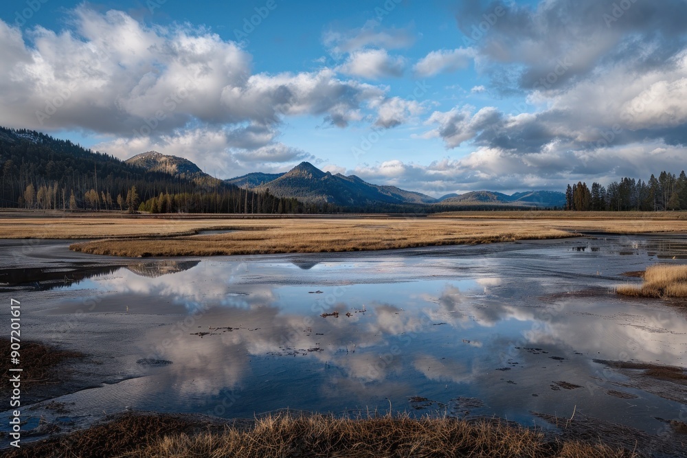 Obraz premium Stunning reflection of mountains and clouds in a calm lake