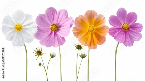 Four different colored flowers are arranged in a row