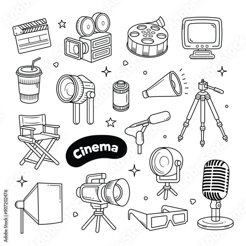 Set of Cinema and movie outline doodle hand drawn vector illustration