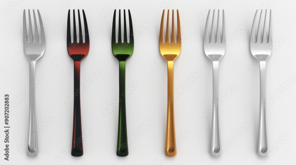 A set of six forks, each with a different color, are shown in a row A set of six forks, each with a different color, are shown in a row