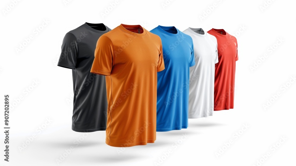 row of shirts in various colors, including black, white, orange, blue, and red row of shirts in various colors, including black, white, orange, blue, and red