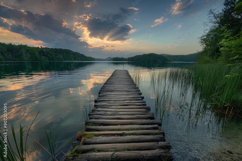 Fototapeta premium Tranquil Lake Pier at Sunset with Vivid Sky and Lush Greenery