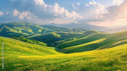 Wonderful springtime landscape in mountains. grassy field and rolling hills. rural scenery