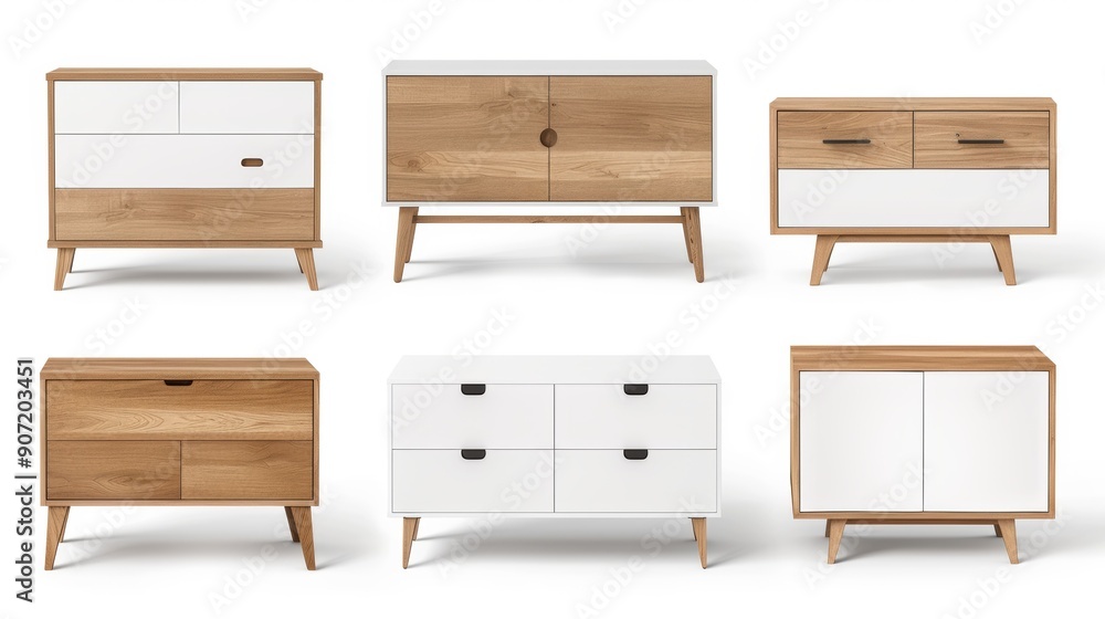 A row of six wooden dressers with white drawers A row of six wooden dressers with white drawers