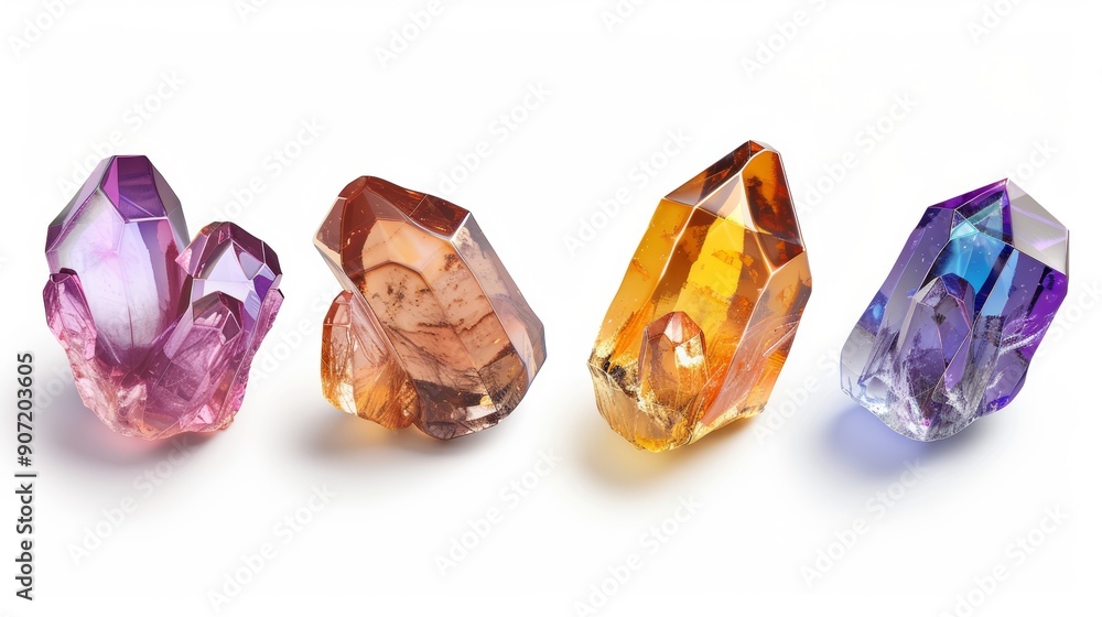 Four different colored crystals are shown in a row Four different colored crystals are shown in a row