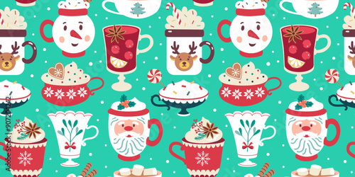Vector seamless pattern with Christmas cups for wrapping paper, wallpaper and decoration. Winter hot drinks.