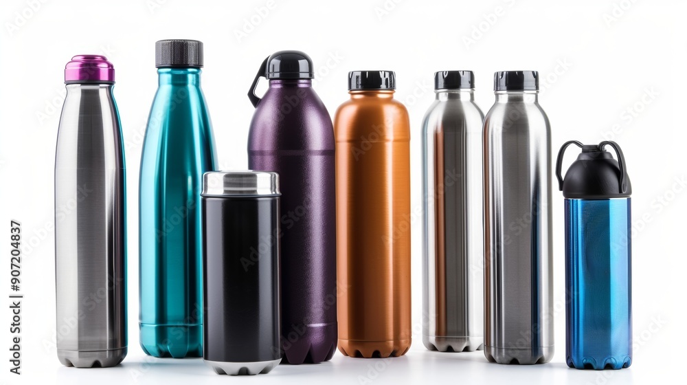 A row of stainless steel water bottles with different colors and designs A row of stainless steel water bottles with different colors and designs