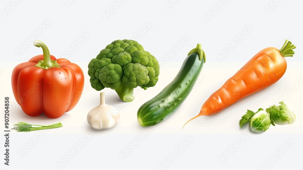 A row of vegetables including broccoli, carrots, and zucchini A row of vegetables including broccoli, carrots, and zucchini