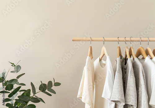 Different clean T-shirts hanging on rack indoors