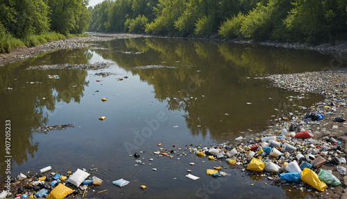 A polluted river scene showcasing garbage along the banks, highlighting environmental issues, suitable for conservation campaigns and awareness programs.