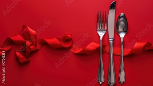 Silverware and red ribbon on red background