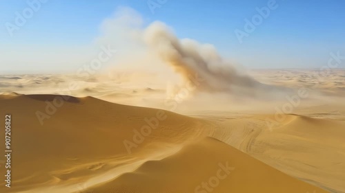 Aerial view of an expansive desert with rolling sand dunes. A massive sandstorm looms on the horizon, creating a dramatic contrast against the clear blue sky.	