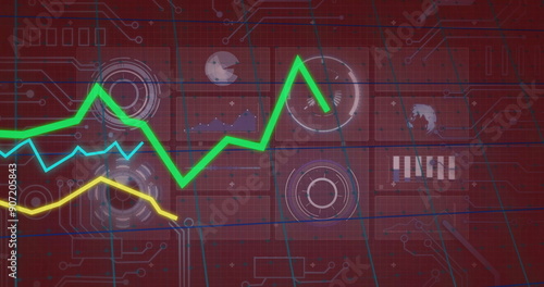 Green fluctuating line graph image over red technological interface with various icons