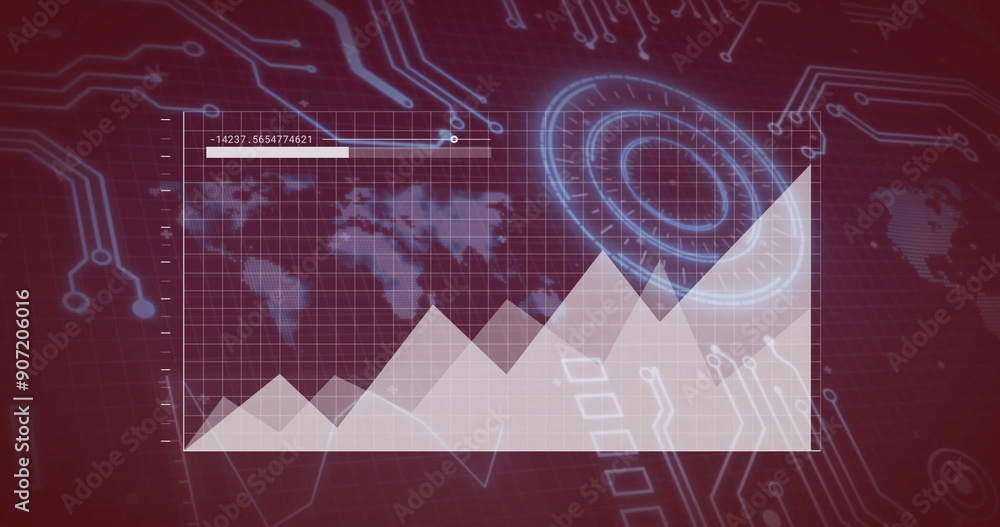 Fototapeta premium Graph with rising trend over digital world map and circuit board image