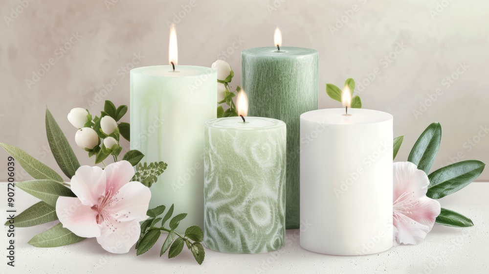 A row of candles with green and white designs and pink flowers A row of candles with green and white designs and pink flowers