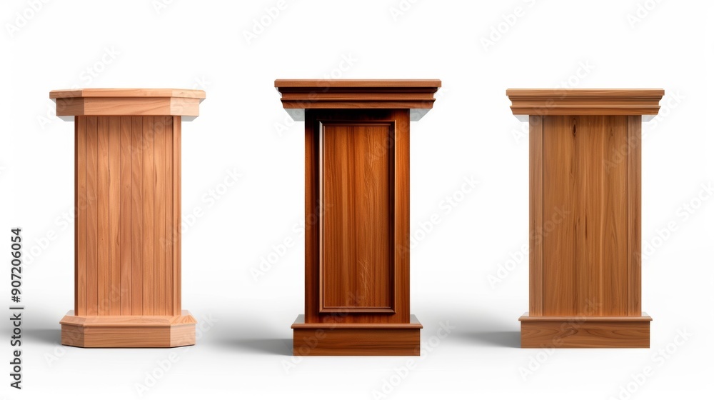 Three wooden podiums are shown, each with a different design Three wooden podiums are shown, each with a different design