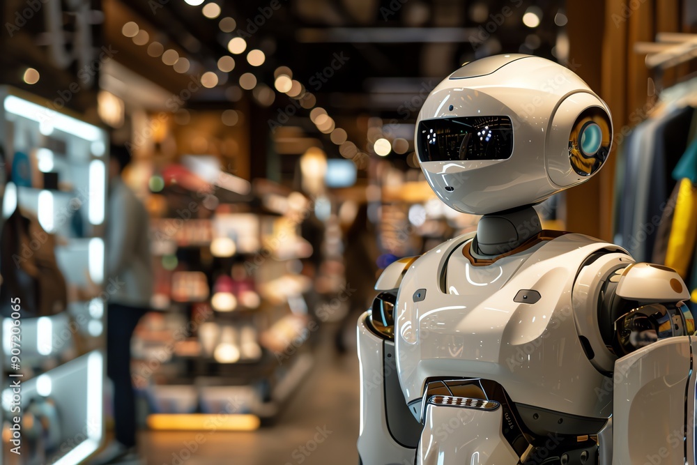 Advanced humanoid robot in a commercial store with blurred background, embodying the future of retail automation and customer service. Advanced humanoid robot in a commercial store with blurred background, embodying the future of retail automation and customer service.