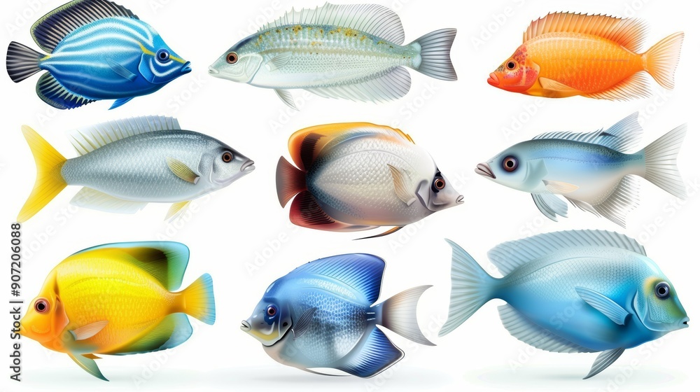 A collection of fish with different colors and patterns A collection of fish with different colors and patterns