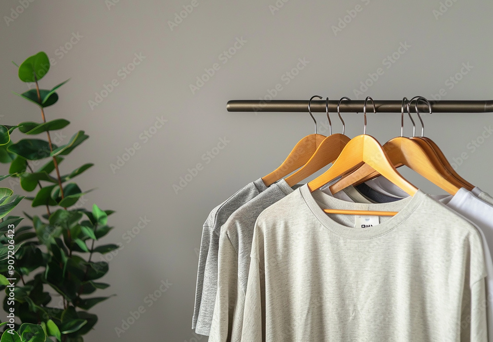 Obraz premium Different clean T-shirts hanging on rack indoors