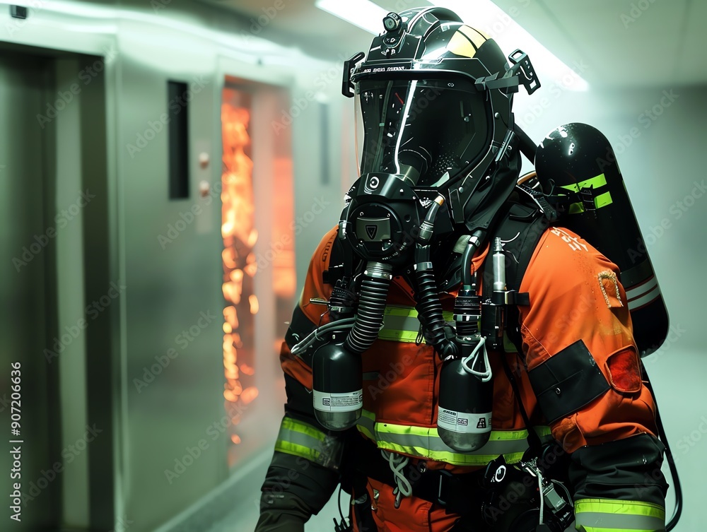 Firefighter in protective gear extinguishing fire in a building corridor, ensuring safety and rescue during emergency situations. Firefighter in protective gear extinguishing fire in a building corridor, ensuring safety and rescue during emergency situations.