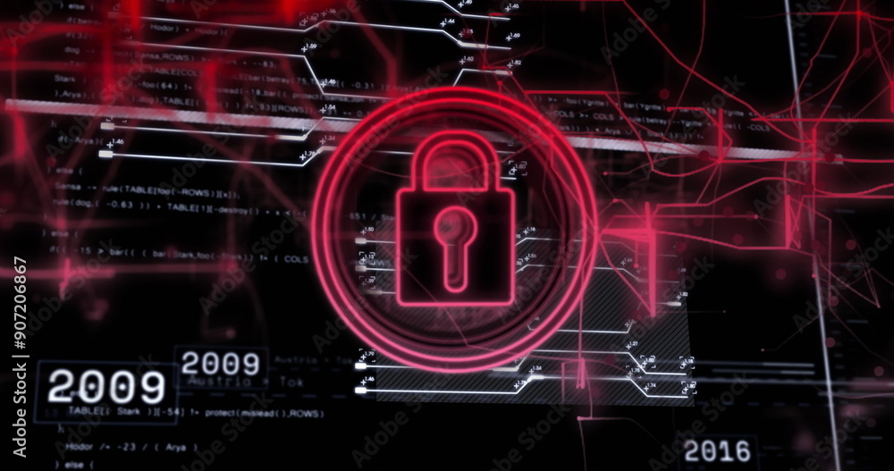 Image of data processing and padlock icon over dark background Image of data processing and padlock icon over dark background