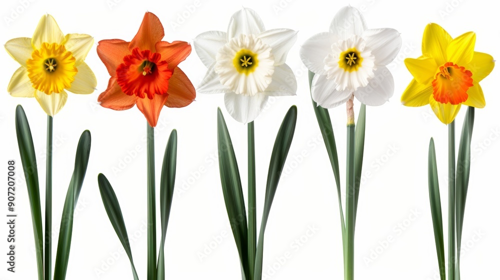 Obraz premium Five different colored flowers are shown in a row