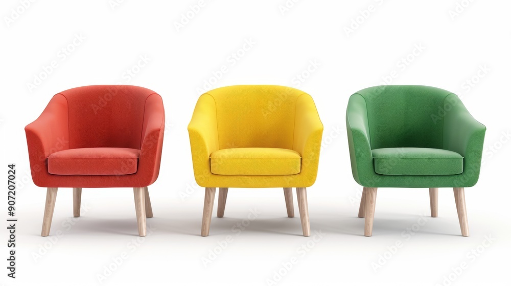 Obraz premium Three chairs are shown in a row, each with a different color