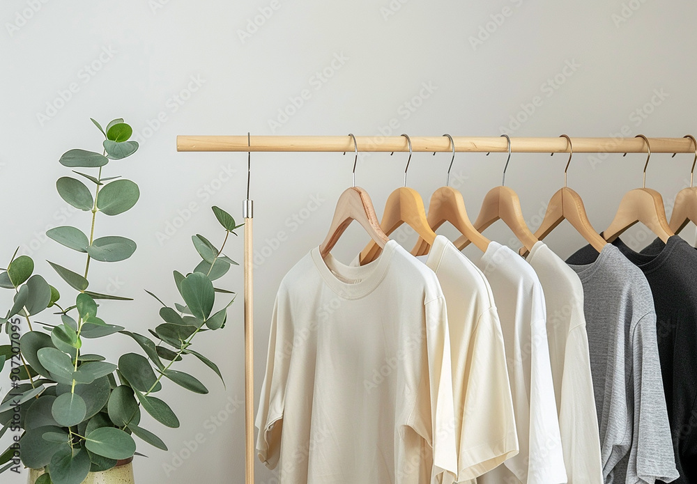 Different clean T-shirts hanging on rack indoors Different clean T-shirts hanging on rack indoors