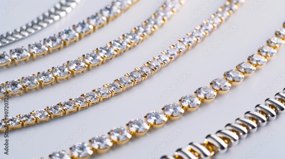 A row of gold and white bracelets with clear stones A row of gold and white bracelets with clear stones
