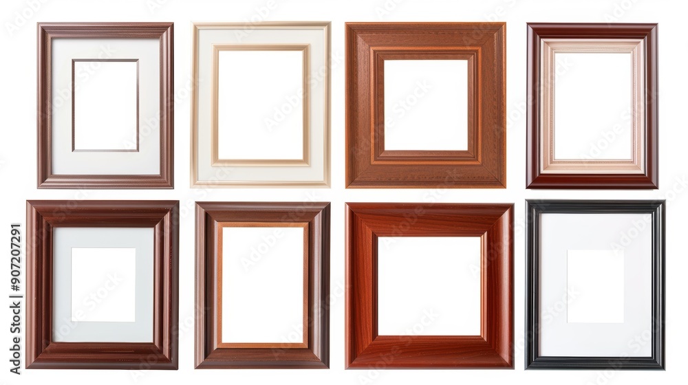 A collection of wooden framed pictures with a white background A collection of wooden framed pictures with a white background