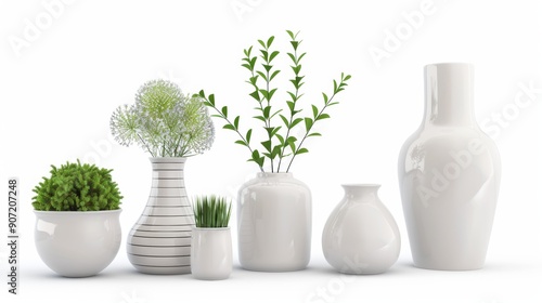 A row of white vases and plants are arranged on a white background