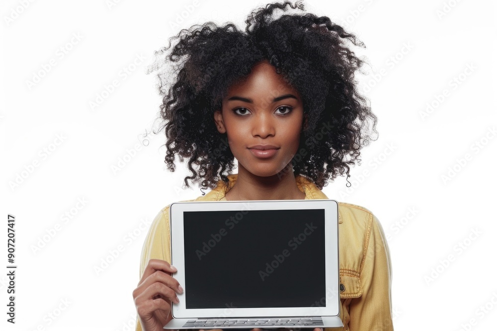 A woman holds up a laptop with a black screen, ready for use A woman holds up a laptop with a black screen, ready for use