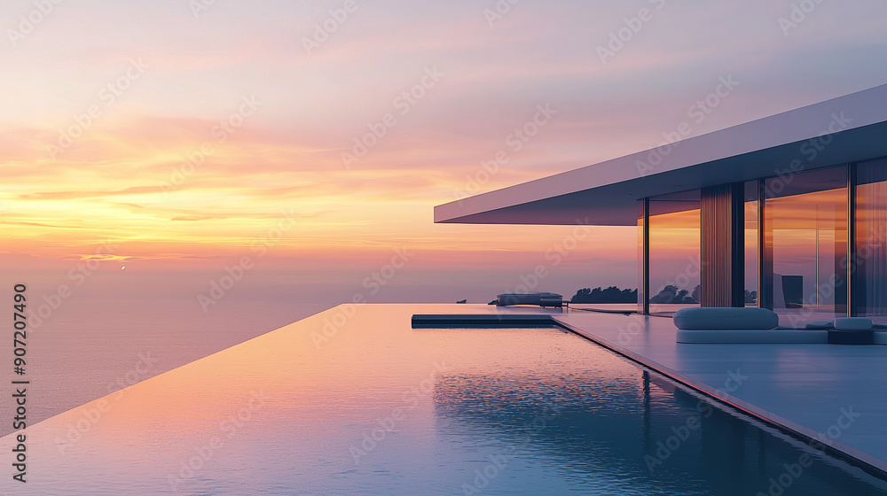 modern architecture, house with infinity pool and sea view at sunset modern architecture, house with infinity pool and sea view at sunset
