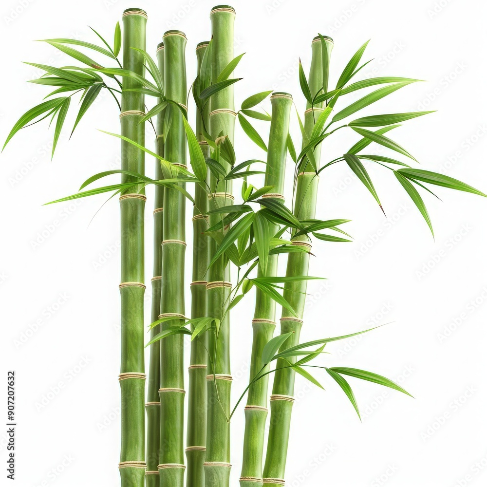 Obraz premium Lush green bamboo stalks with vibrant leaves, symbolizing strength, flexibility, and tranquility in nature.