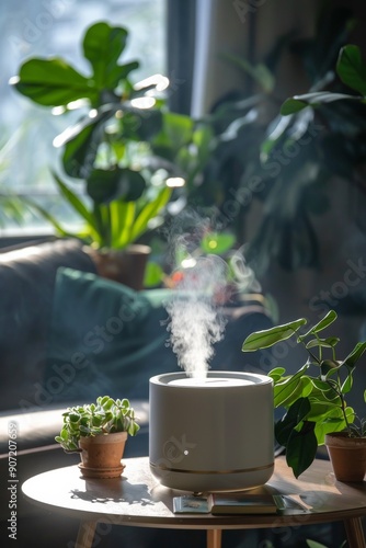 Humidifier with plants on a table in a living room, captured in closeup background features