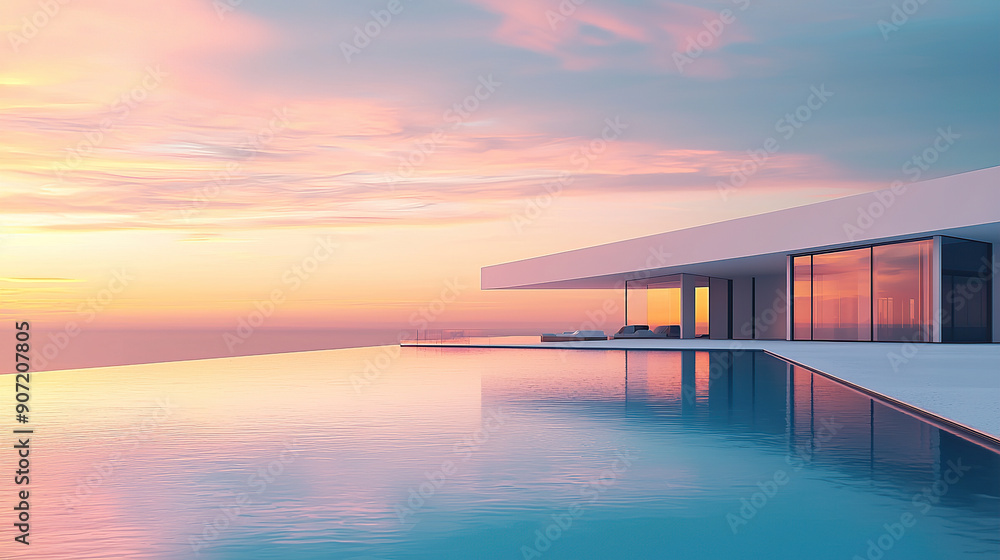 modern architecture, house with infinity pool and sea view at sunset