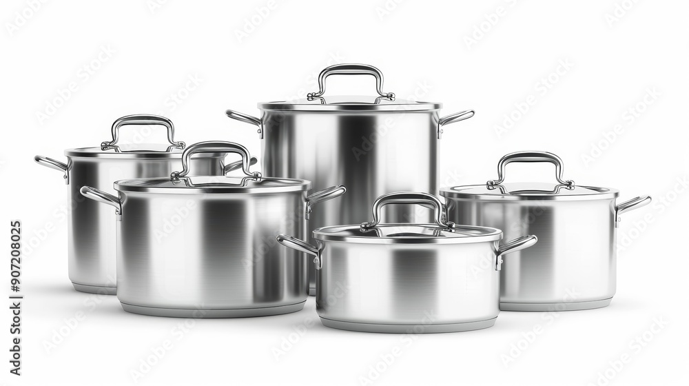 A set of five pots and pans are lined up on a white background A set of five pots and pans are lined up on a white background