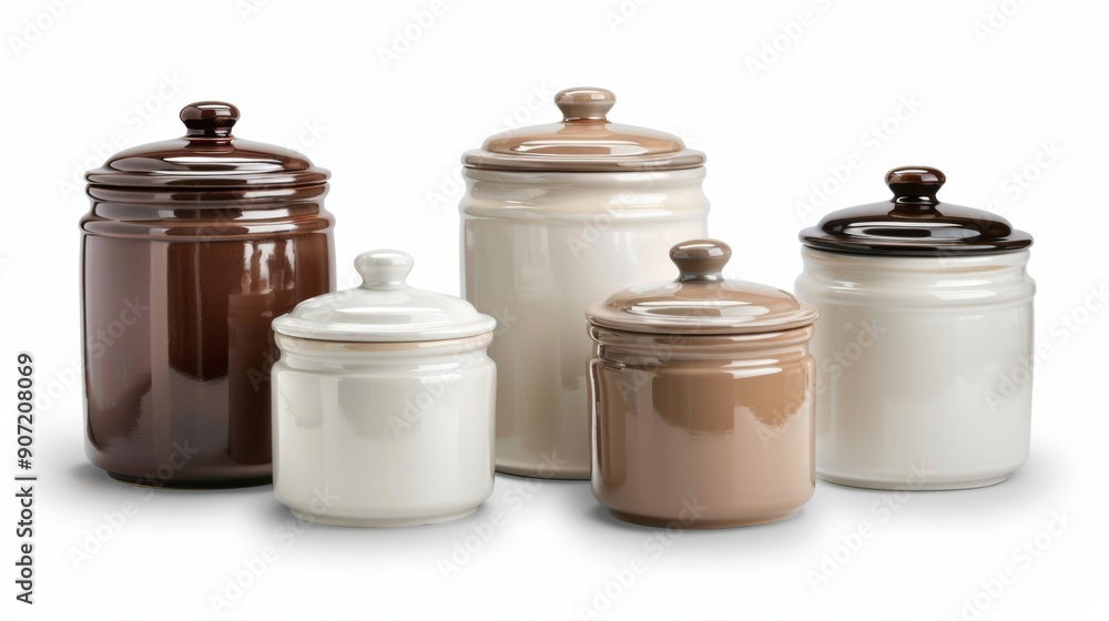 row of five different colored pots and pans row of five different colored pots and pans