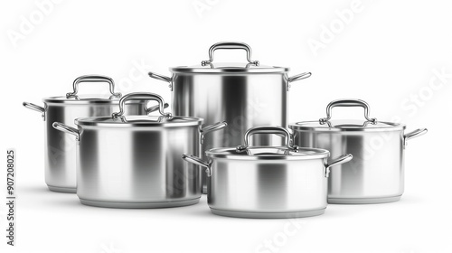 A set of five pots and pans are lined up on a white background